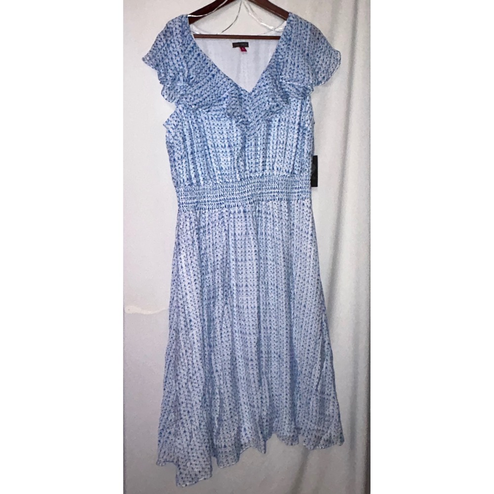 Vince Camuto Women's 1X Blue‎ White Ruffle Detail Midi Dress - NWT